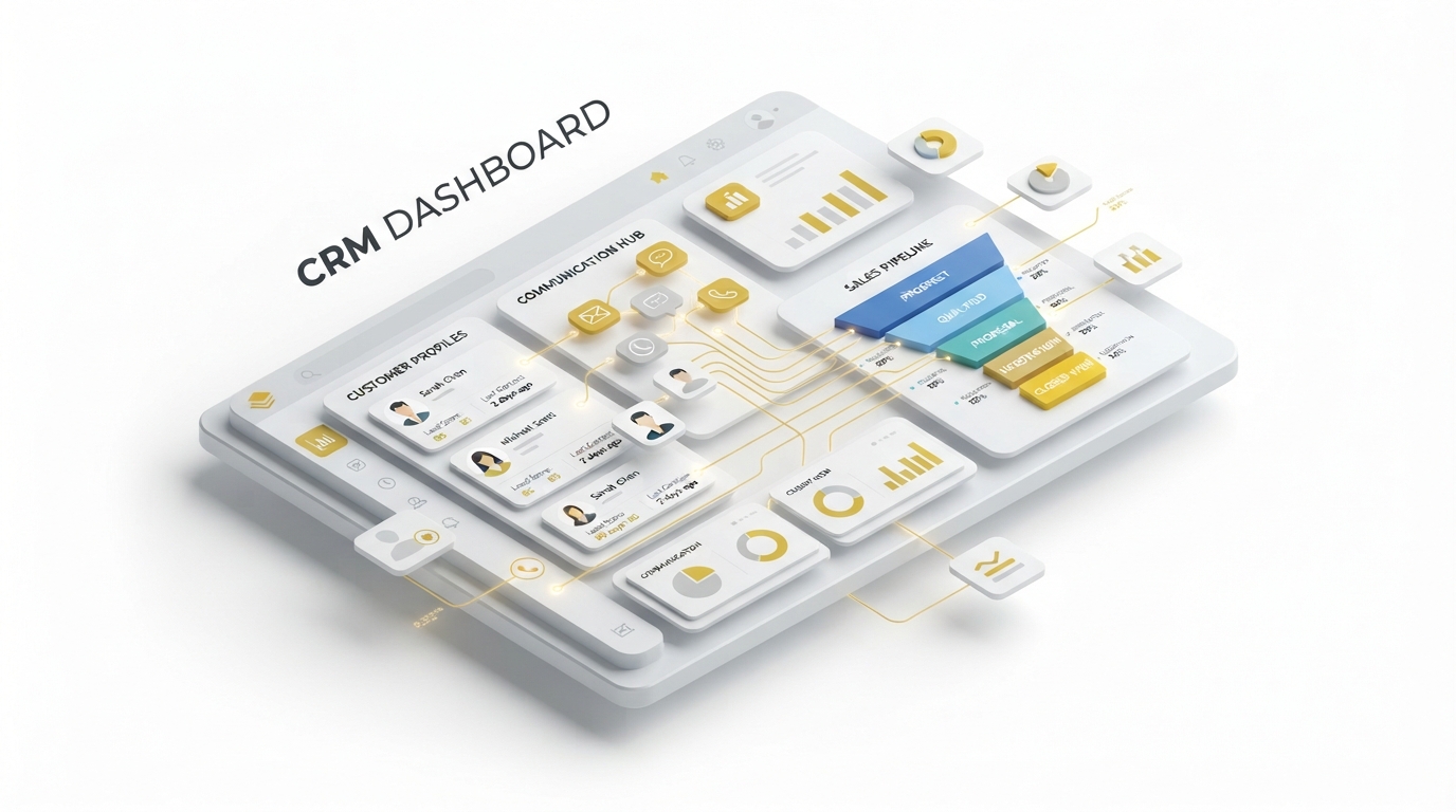 Modern, professional 3D isometric illustration representing CRM customer relationship management. Stylized customer profiles, sales pipeline and communication icons on a clean white background with gold and soft gray accents.