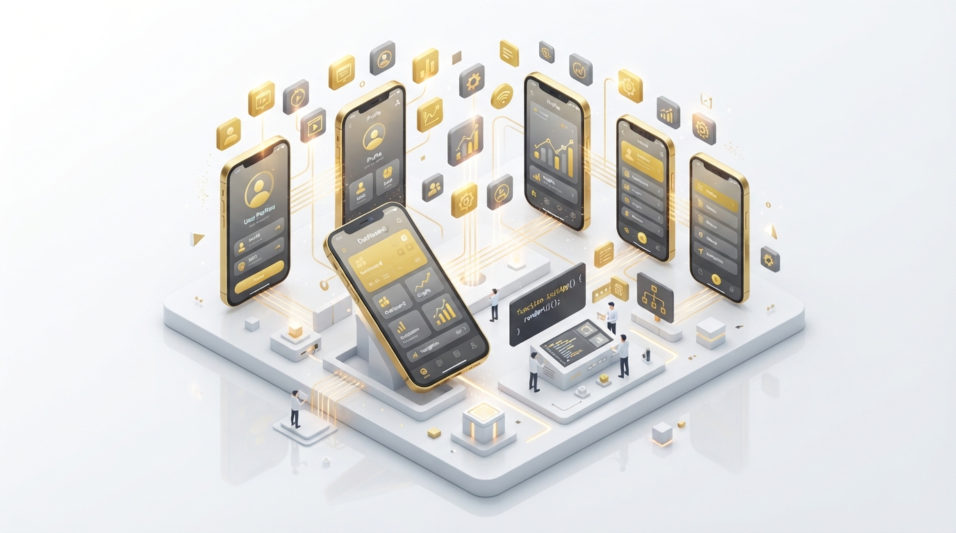 Modern, professional 3D isometric illustration representing Mobile Application Development. Sleek smartphones showing vibrant UI interfaces, floating app icons, and connectivity lines. Clean white background, minimalist aesthetic, using gold (#d4af37) and soft gray accents. Premium tech feel consistent with the Sovereign Tech Light corporate modern brand, emphasizing transparency and structural integrity.