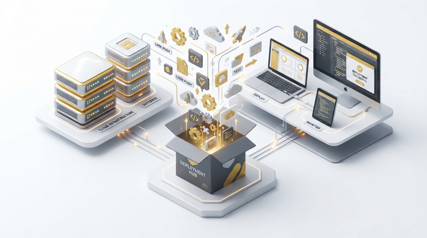 Modern, professional 3D isometric illustration representing Software Deployment across varied platforms. Floating application icons, cloud deployment pipelines, and digital gears indicating seamless rollout. Clean white background, minimalist aesthetic, using gold (#d4af37) and soft gray accents.