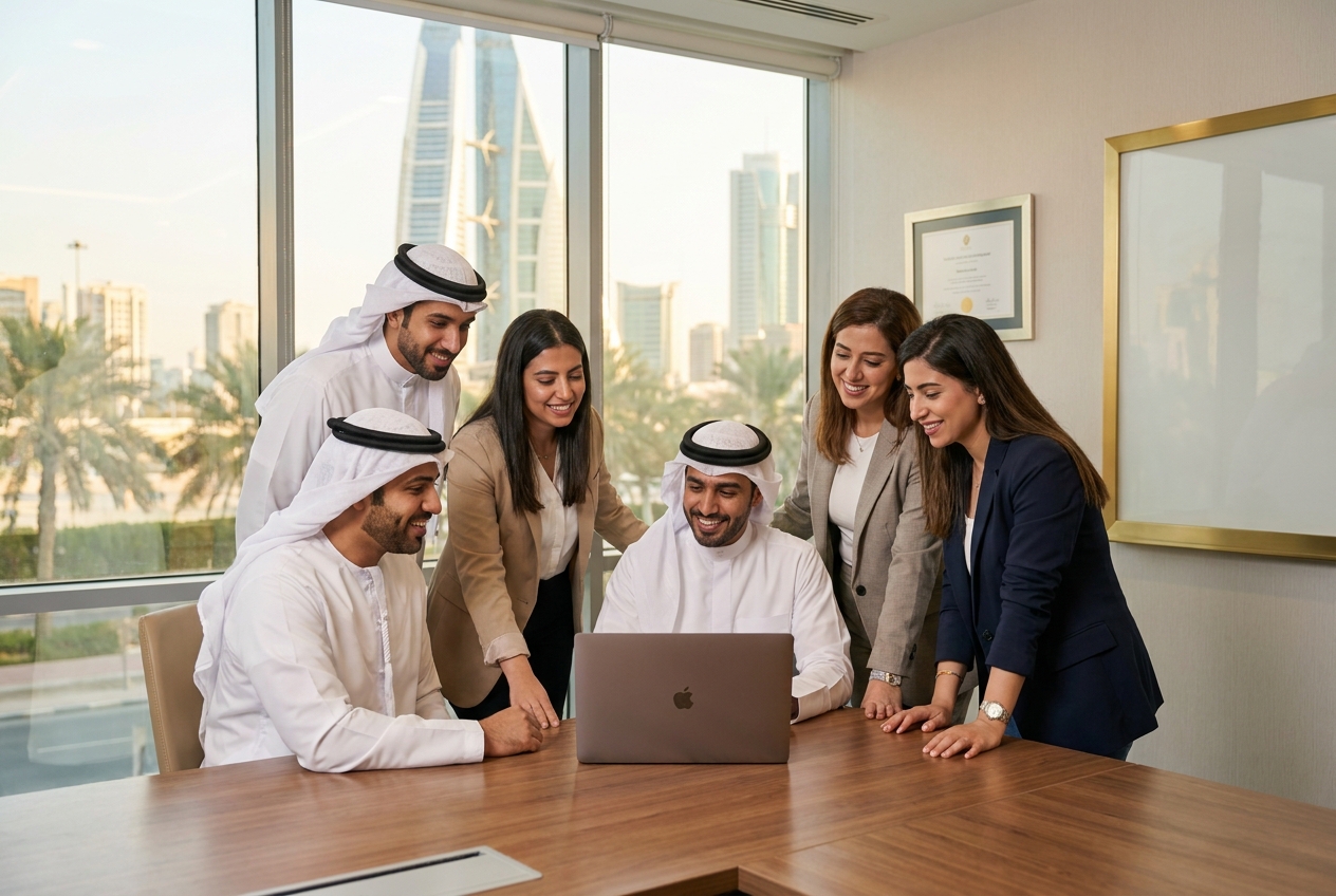 Professional office setting in Bahrain, showing a diverse team of tech consultants collaborating